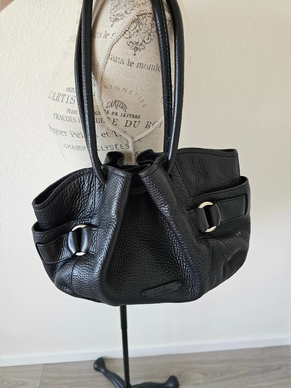 Cole Haan Black Pebbled Leather Village Satchel Bag - Silver Hardware